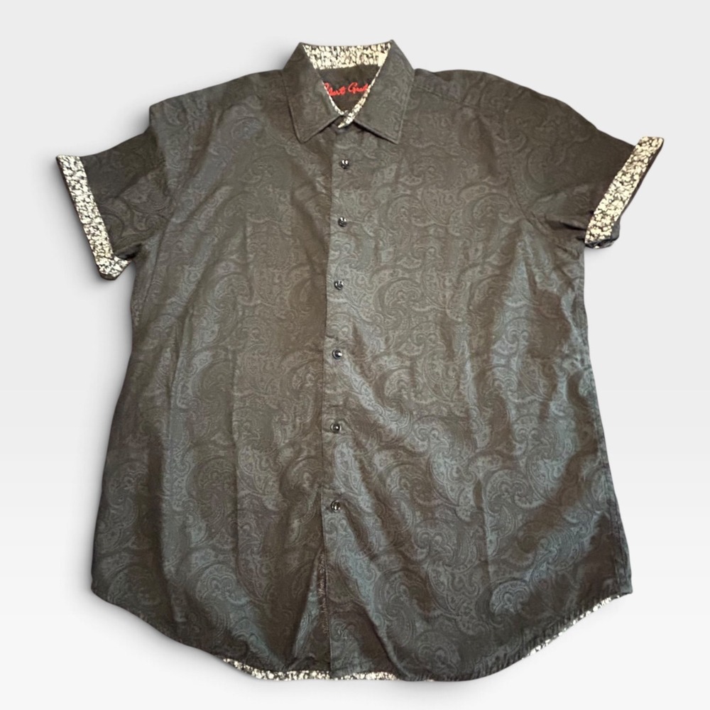 Robert Graham Mens XL Black Paisley Jacquard Short Sleeve Button Down Shirt